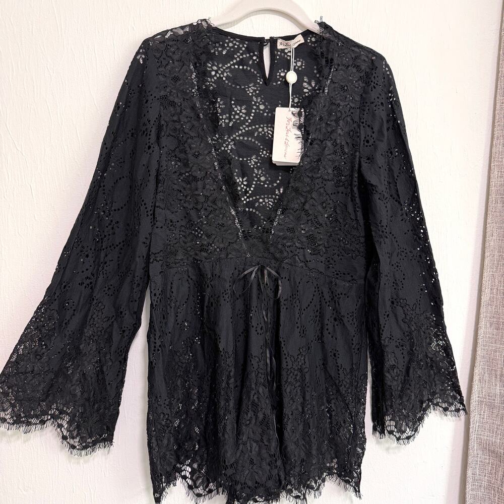 For Love & Lemons Lace Romper Black Flare Sleeve Sheer Whimsygoth Boho Layerable